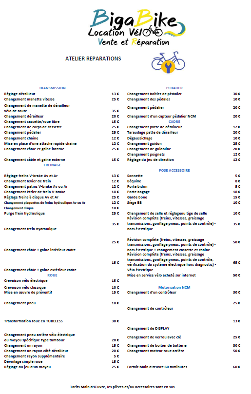Tarifs Atelier réparation